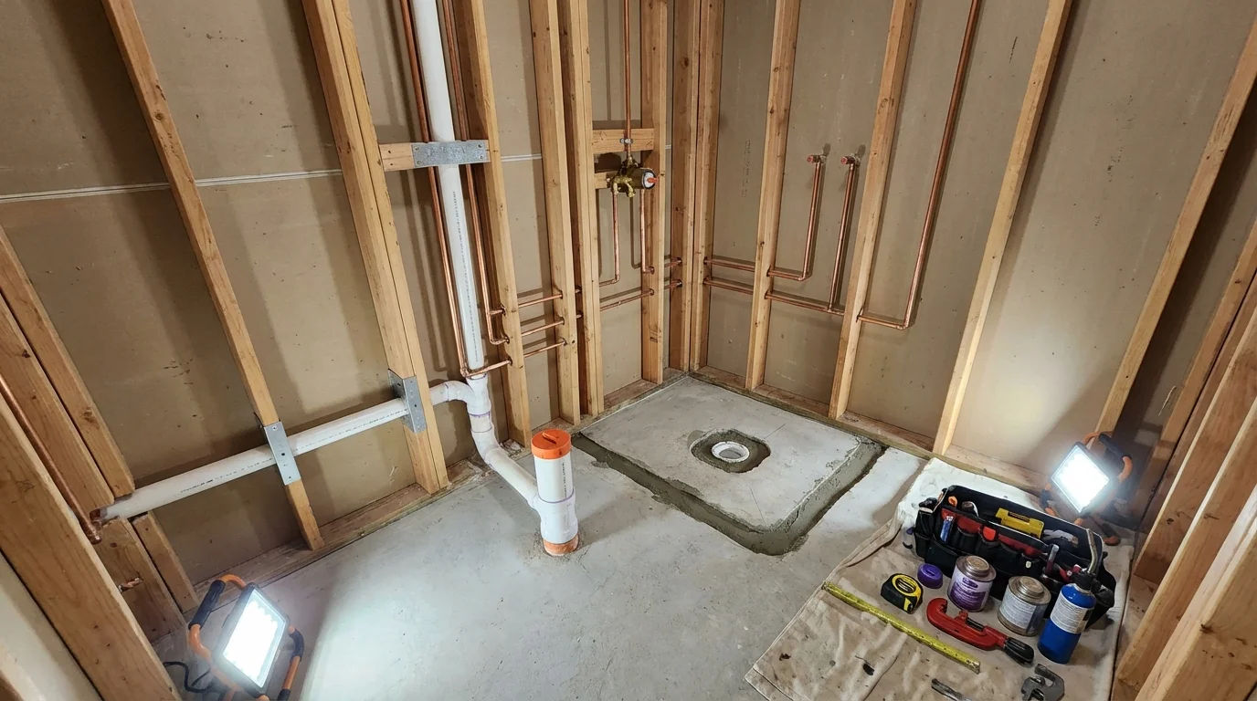 Bathroom rough-in plumbing during remodel by Johns Plumbing LLC in Thatcher